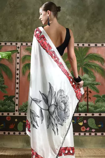 White ready to wear satin floral digital printed saree