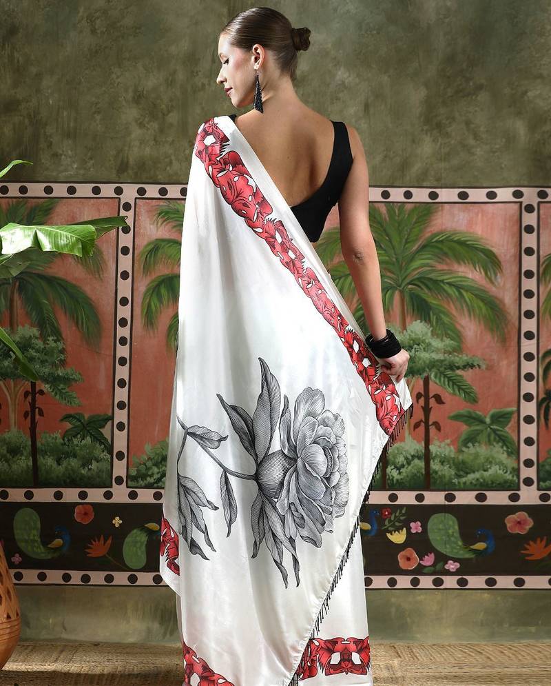 White ready to wear satin floral digital printed saree