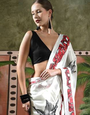 White ready to wear satin floral digital printed saree 4