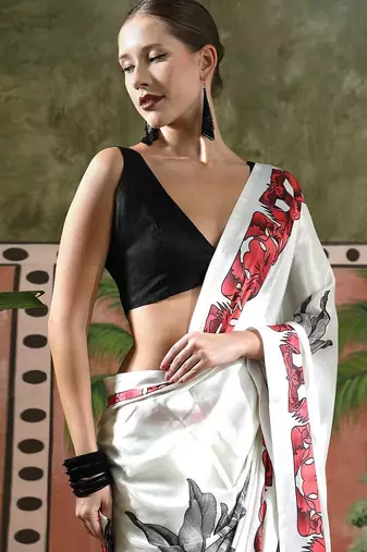 White ready to wear satin floral digital printed saree