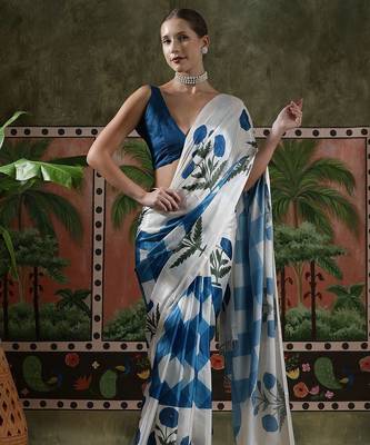 White ready to wear satin floral digital printed saree 1