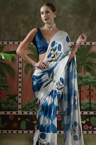 White ready to wear satin floral digital printed saree