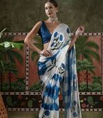 White ready to wear satin floral digital printed saree