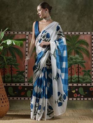 White ready to wear satin floral digital printed saree 2