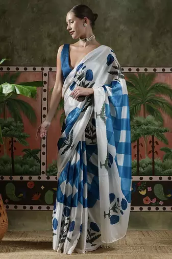 White ready to wear satin floral digital printed saree