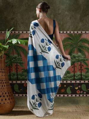White ready to wear satin floral digital printed saree 3