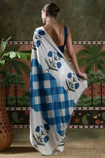 White ready to wear satin floral digital printed saree