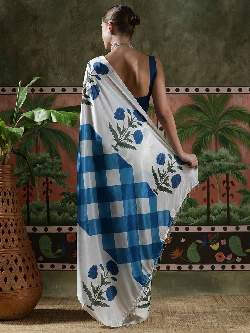 White ready to wear satin floral digital printed saree