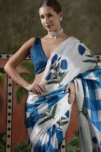 White ready to wear satin floral digital printed saree