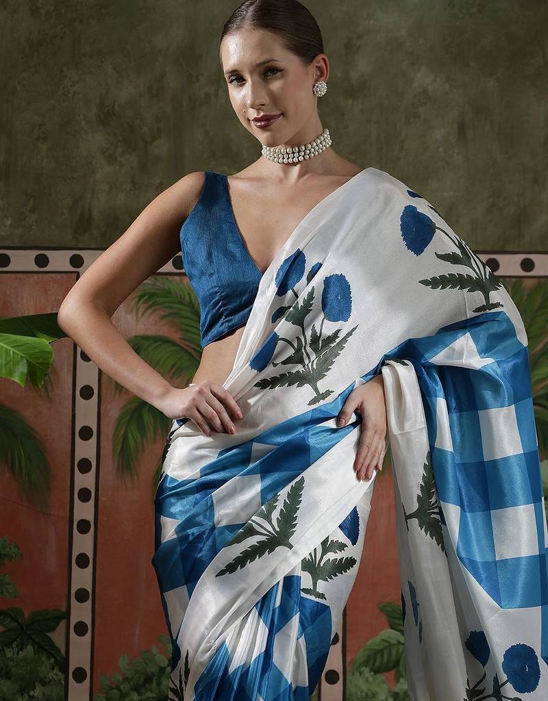 White ready to wear satin floral digital printed saree