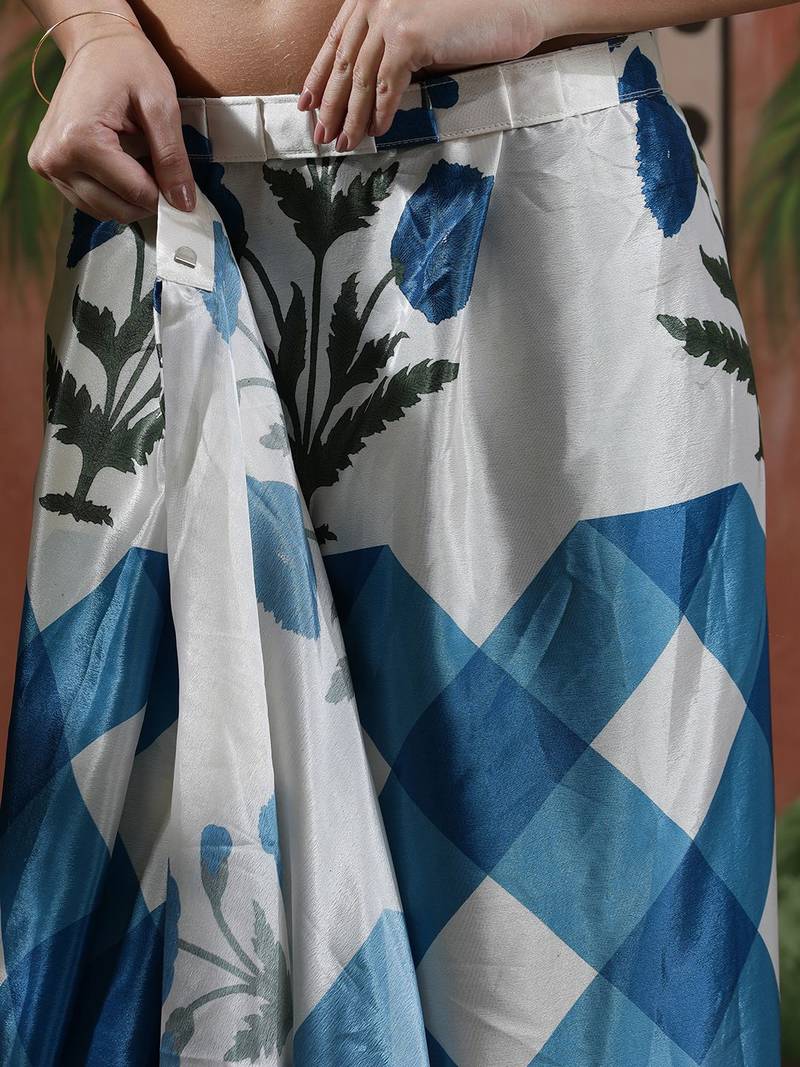 White ready to wear satin floral digital printed saree