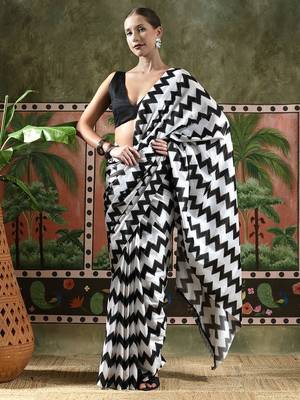 White ready to wear satin floral digital printed saree 1