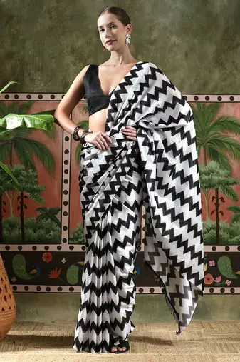 White ready to wear satin floral digital printed saree
