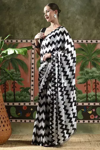 White ready to wear satin floral digital printed saree