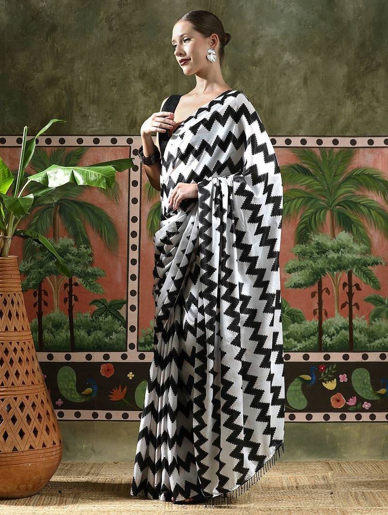 White ready to wear satin floral digital printed saree