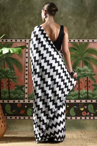 White ready to wear satin floral digital printed saree