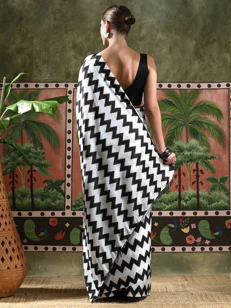 White ready to wear satin floral digital printed saree