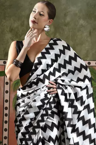 White ready to wear satin floral digital printed saree