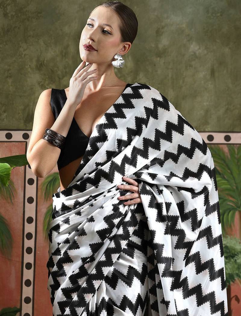 White ready to wear satin floral digital printed saree