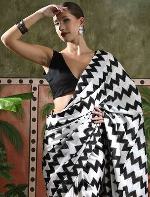 White ready to wear satin floral digital printed saree 5