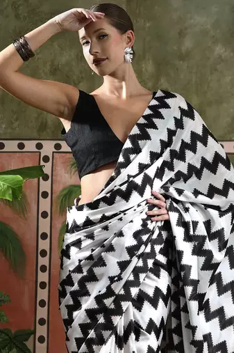 White ready to wear satin floral digital printed saree
