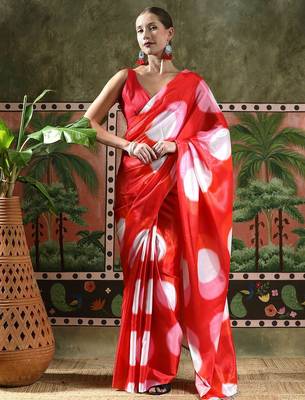 Red ready to wear satin floral digital printed saree 1