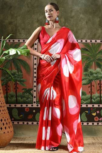 Red ready to wear satin floral digital printed saree