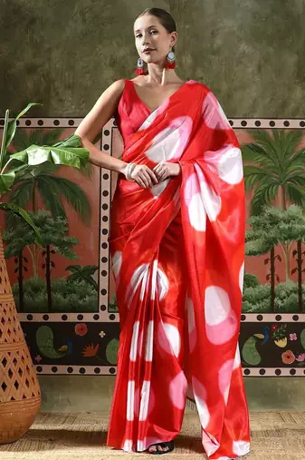 Red ready to wear satin floral digital printed saree