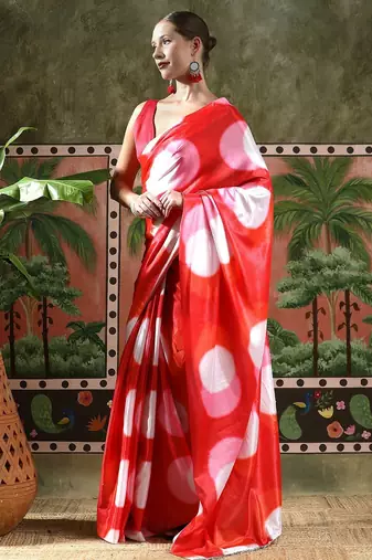 Red ready to wear satin floral digital printed saree