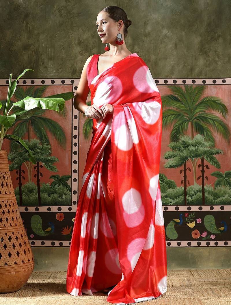 Red ready to wear satin floral digital printed saree