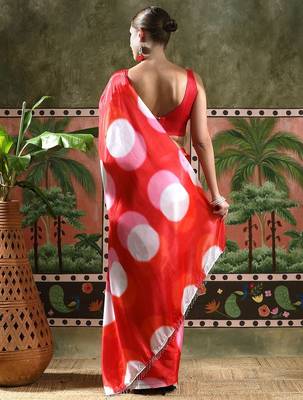 Red ready to wear satin floral digital printed saree 3