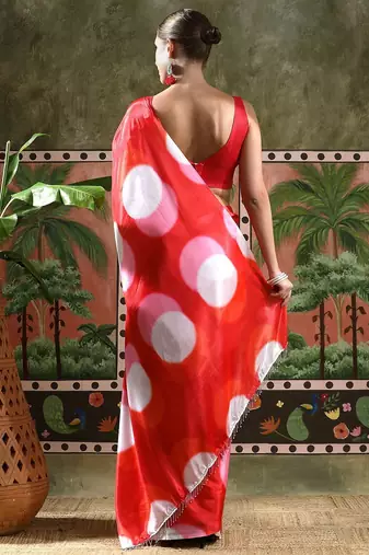Red ready to wear satin floral digital printed saree