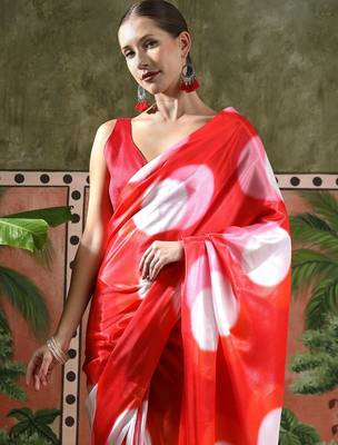 Red ready to wear satin floral digital printed saree 4