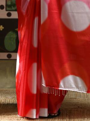 Red ready to wear satin floral digital printed saree 5