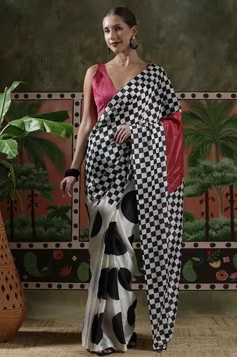 White ready to wear satin floral digital printed saree