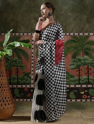 White ready to wear satin floral digital printed saree 2