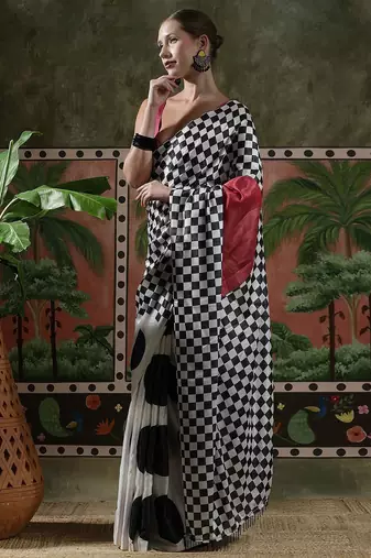 White ready to wear satin floral digital printed saree