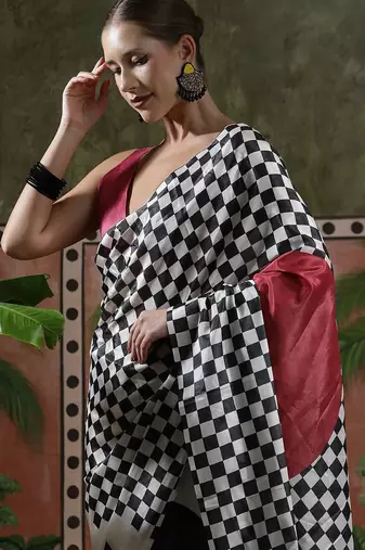 White ready to wear satin floral digital printed saree