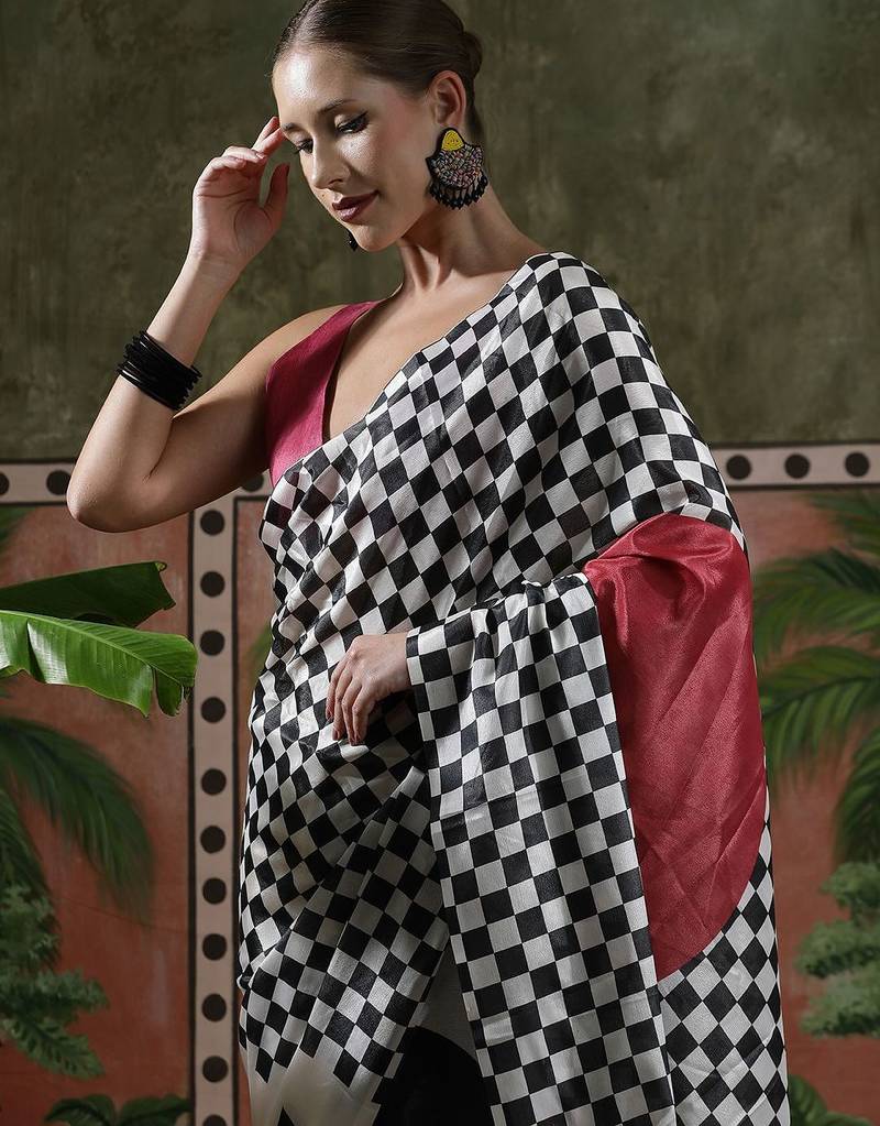 White ready to wear satin floral digital printed saree