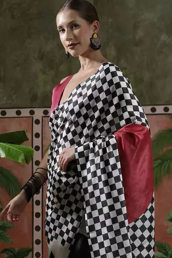 White ready to wear satin floral digital printed saree
