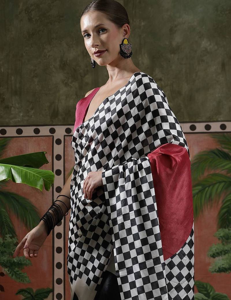 White ready to wear satin floral digital printed saree