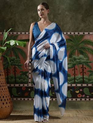 White ready to wear satin floral digital printed saree 1