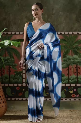 White ready to wear satin floral digital printed saree