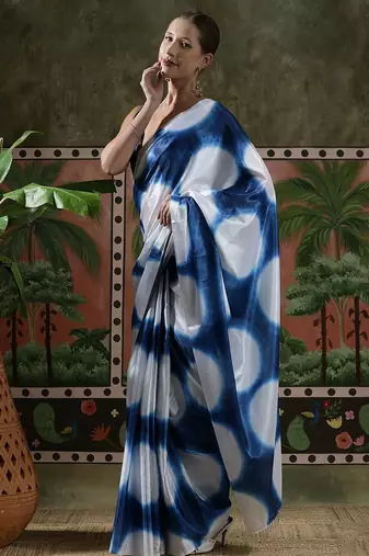 White ready to wear satin floral digital printed saree