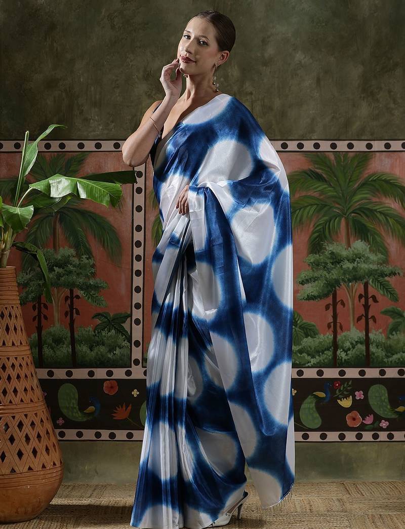 White ready to wear satin floral digital printed saree