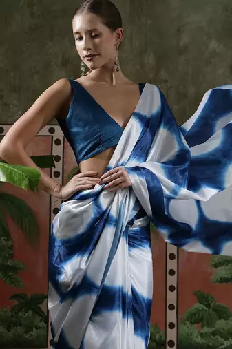 White ready to wear satin floral digital printed saree