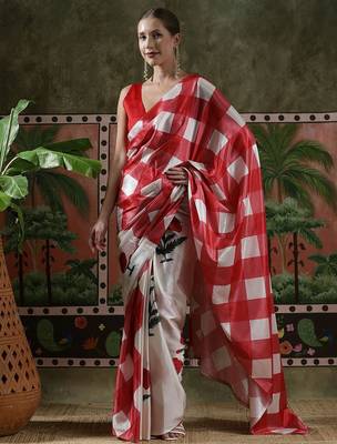 Red ready to wear satin floral digital printed saree 1
