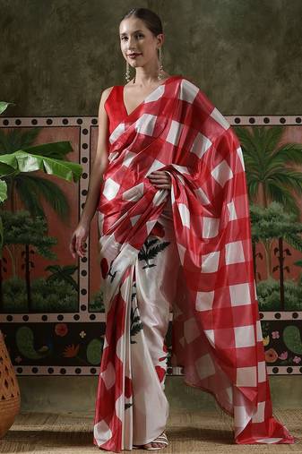 Red ready to wear satin floral digital printed saree