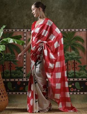 Red ready to wear satin floral digital printed saree 2