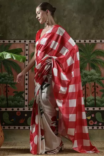 Red ready to wear satin floral digital printed saree